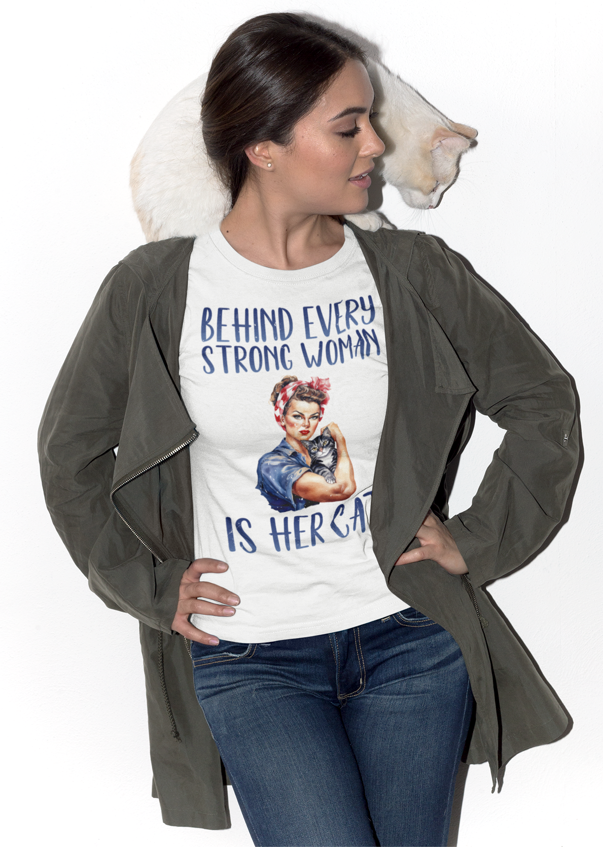 Behind Every Strong Woman Is Her Cat T-shirt