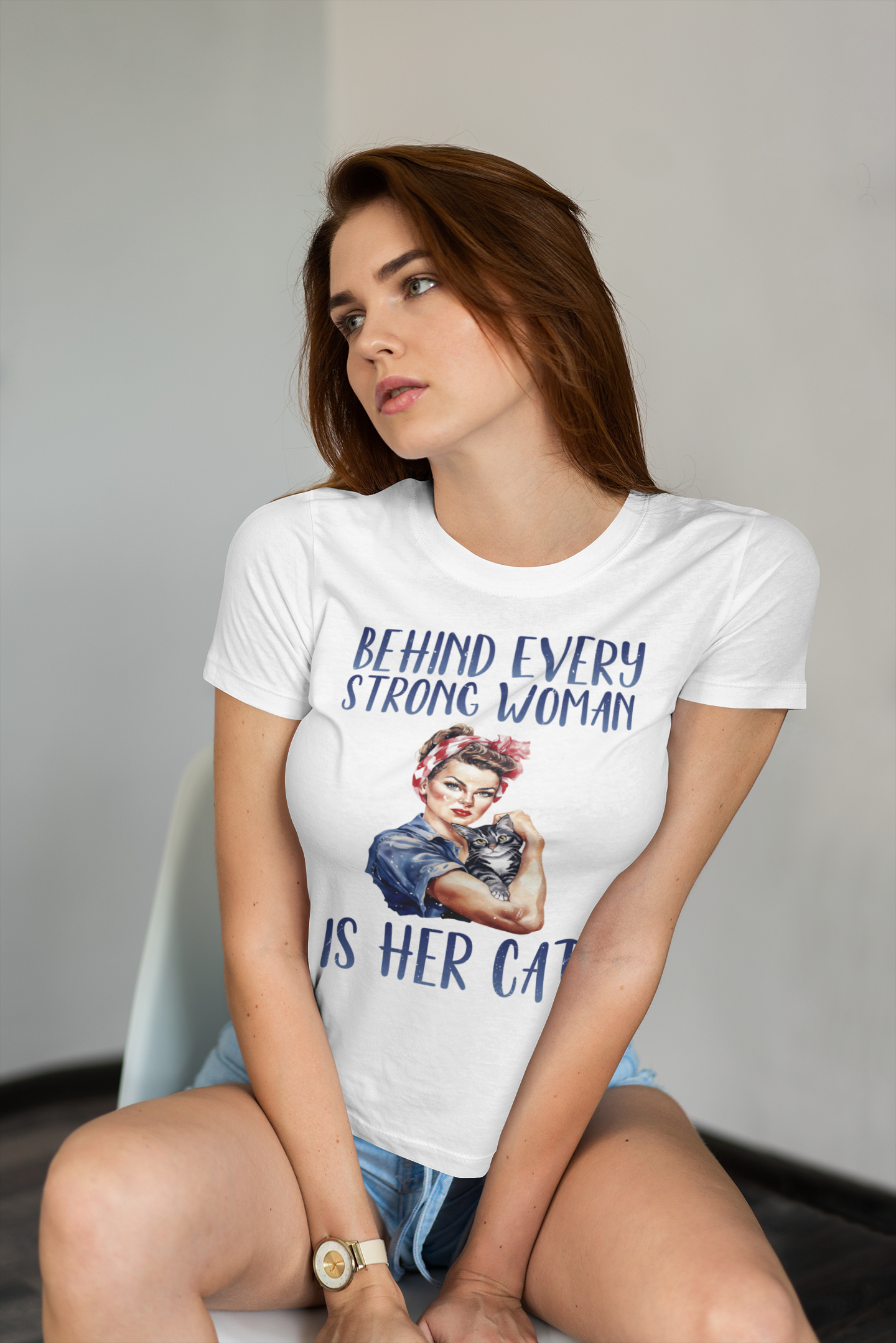 Behind Every Strong Woman Is Her Cat T-shirt
