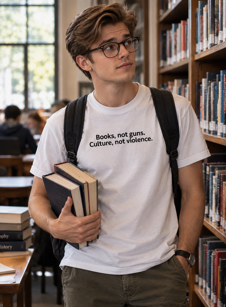 A young man wearing glasses and a white graphic t-shirt with the text 'Books, not guns. Culture, not violence.
