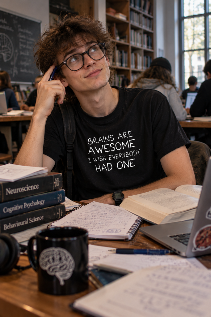 A young man with glasses sits at a desk in a library or study, wearing a black graphic t-shirt that reads 'BRAINS ARE AWESOME I WISH EVERYBODY HAD ONE'. The desk is cluttered with books, notebooks, a laptop, and a black mug with a brain graphic.