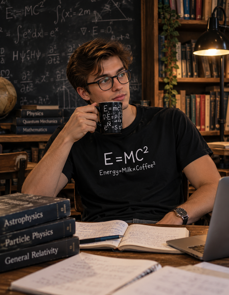 A man wearing a black t-shirt with a white 'E=MC2' graphic sits at a wooden desk in a library or study, holding a black coffee mug with a white equation print. Books, a chalkboard, and a laptop are visible around him.