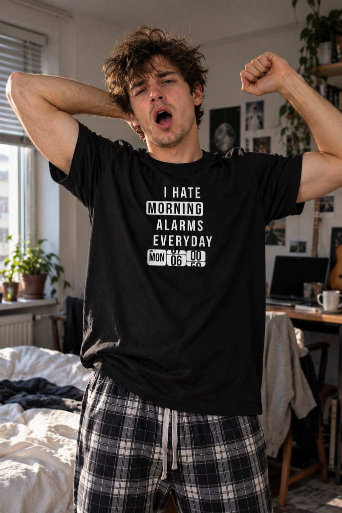 A man flexing with arms raised in a bedroom setting, wearing a black graphic t-shirt that reads 'I HATE MORNING ALARMS EVERYDAY MON 05:00 AM' in white text, paired with black and white plaid pajama pants.