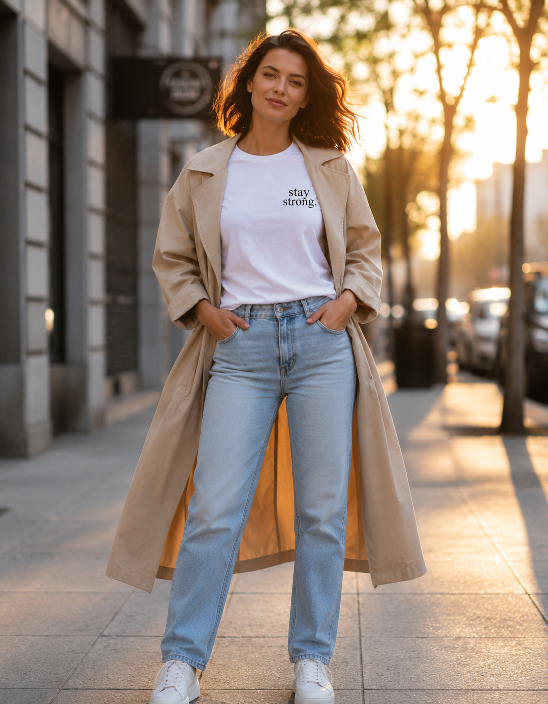 Woman wearing a beige trench coat, white t-shirt with text, and blue jeans on a city street.