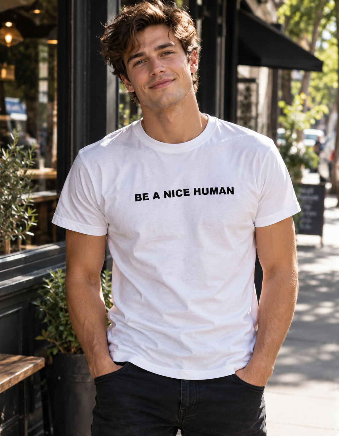 A man wearing a white crewneck t-shirt with the black printed text 'BE A NICE HUMAN' on the chest, standing outdoors on a city sidewalk.