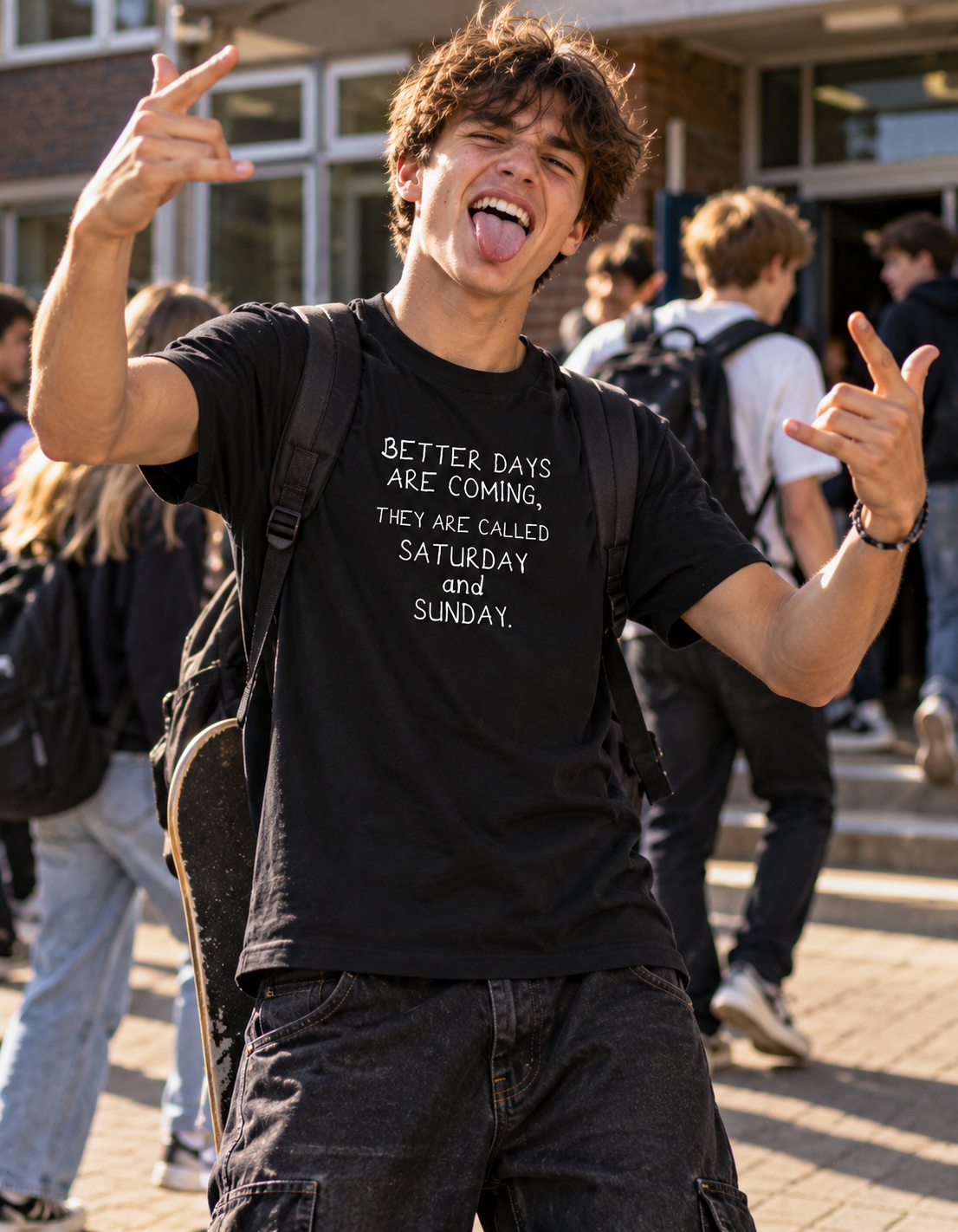 A young man wearing a black graphic t-shirt with the white text 'BETTER DAYS ARE COMING, THEY ARE CALLED SATURDAY and SUNDAY.' poses with a peace sign in front of a school building.