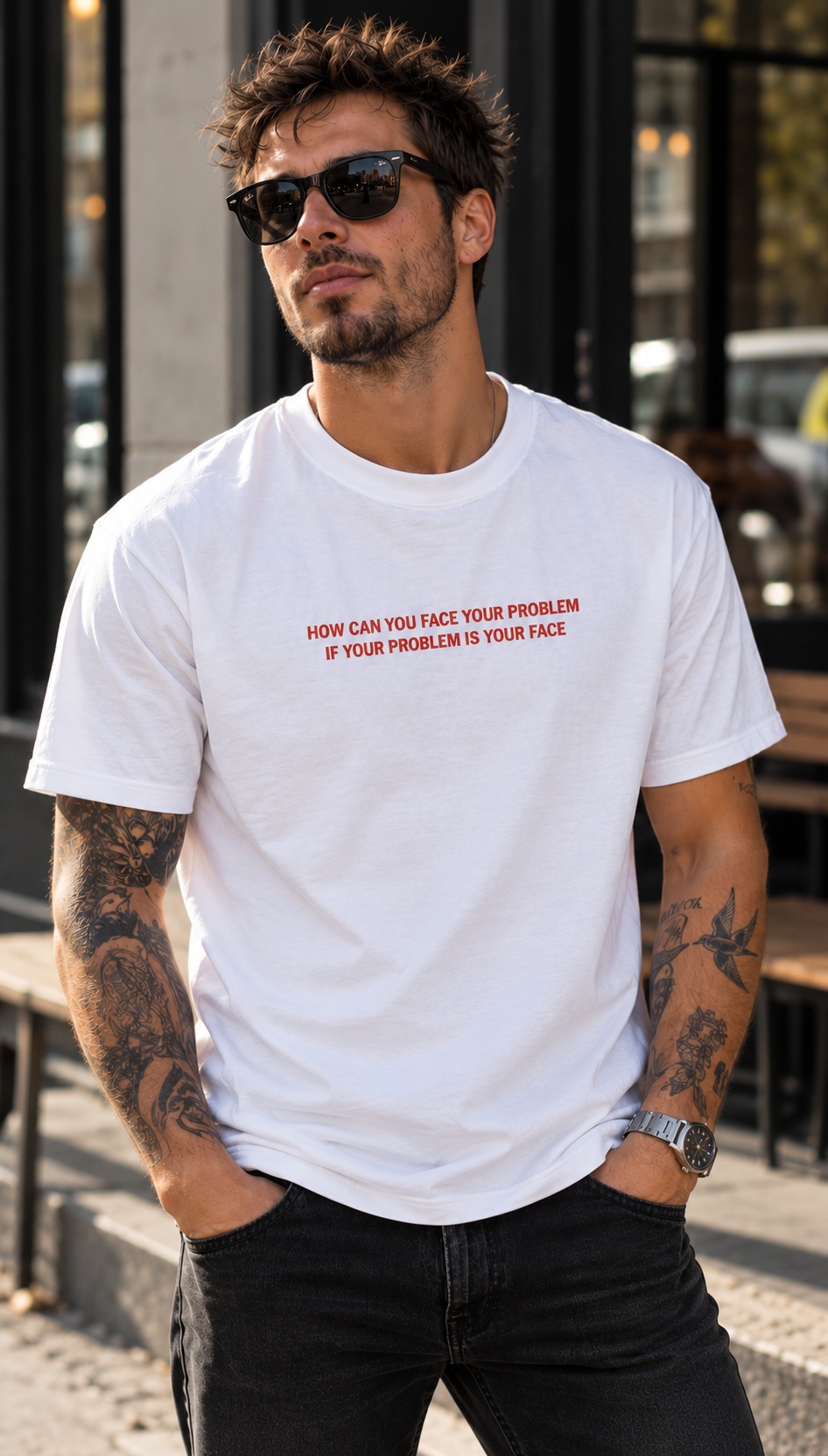 A man wearing a white graphic t-shirt with red text that reads 'HOW CAN YOU FACE YOUR PROBLEM IF YOUR PROBLEM IS YOUR FACE' paired with black sunglasses and black jeans, standing outdoors.