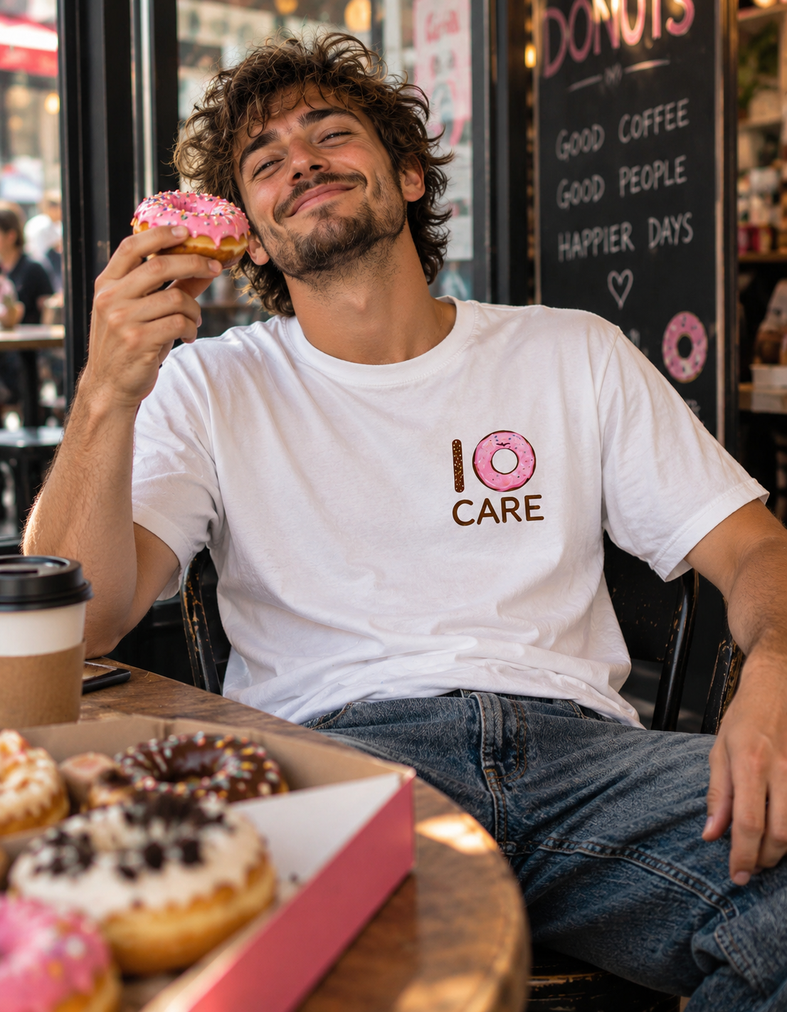 A man sitting at a cafe table wearing a white graphic t-shirt with a pink and brown donut design and the text 'I O CARE'. He is holding a pink frosted donut, with other donuts and a coffee cup in the foreground.