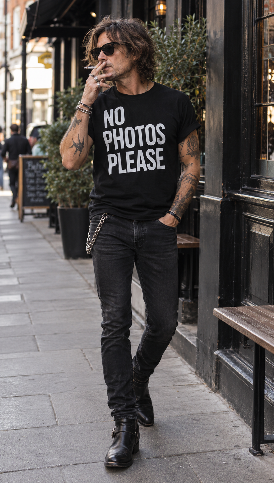 Tattooed man with sunglasses wearing a black No Photos Please T-shirt with bold white lettering, standing outside a dark pub on a city street.