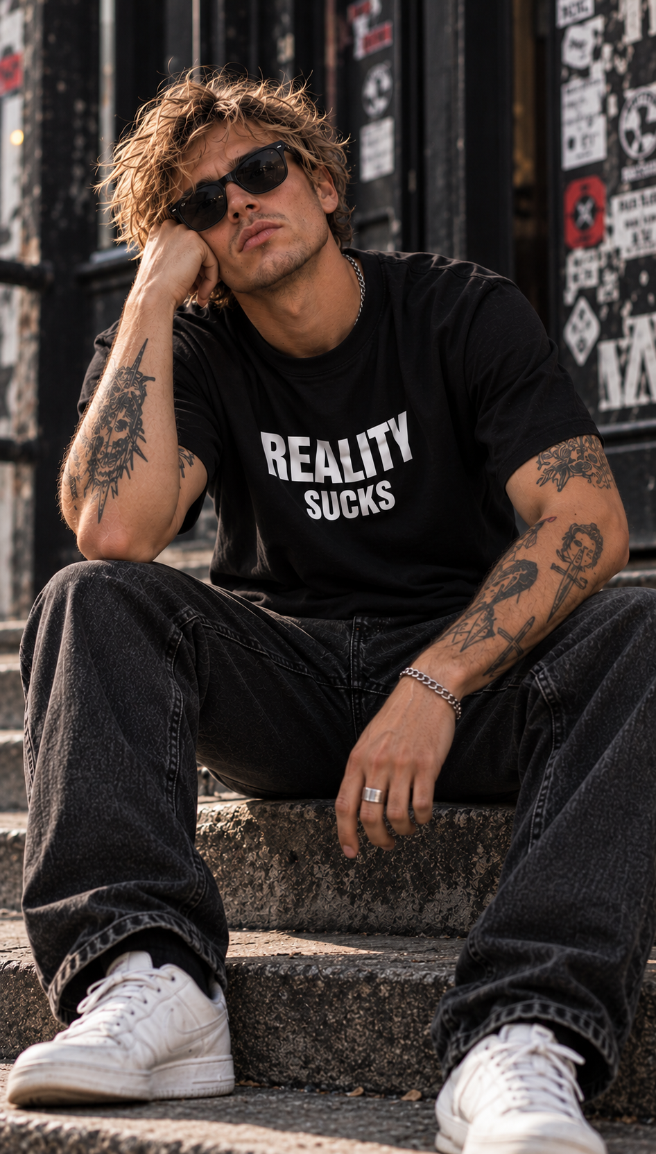 A man wearing a black graphic t-shirt with the text 'REALITY SUCKS' in white, paired with black jeans and white sneakers, sitting on outdoor stone steps.
