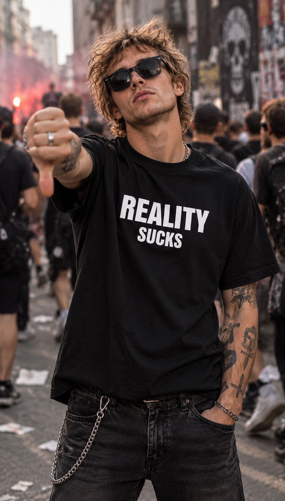 A man wearing a black graphic t-shirt with the text 'REALITY SUCKS' in white, standing in a crowded street scene.