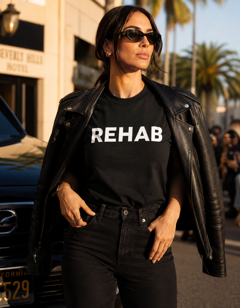 Woman wearing a black t-shirt with 'REHAB' text in an urban setting.