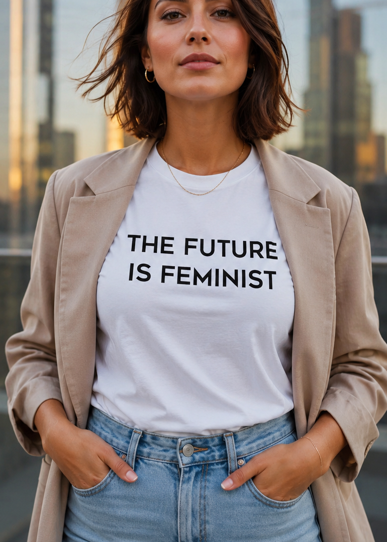 Woman wearing a 'The Future is Feminist' t-shirt with a cityscape background