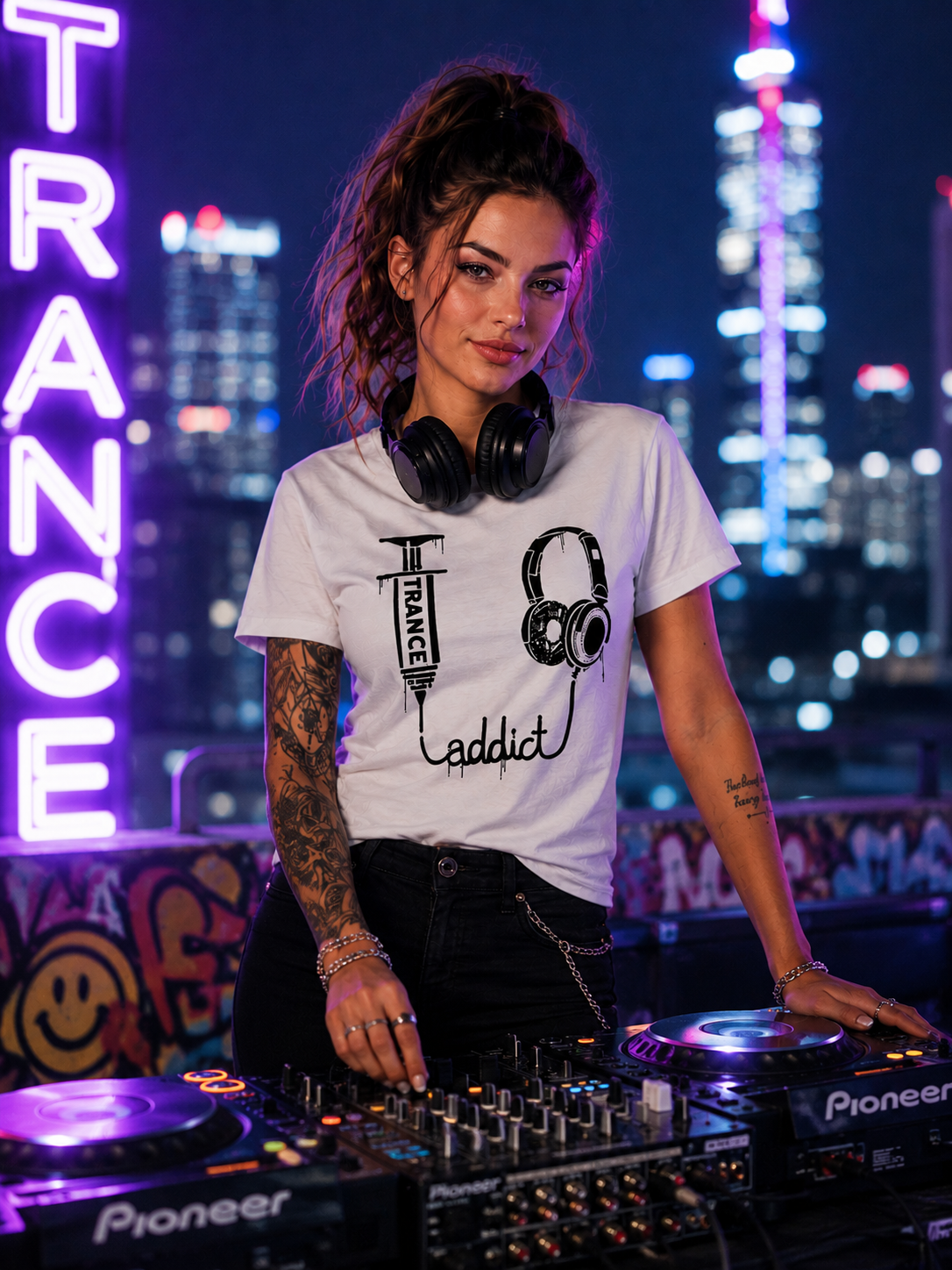 DJ at a club with neon signs and city skyline in the background