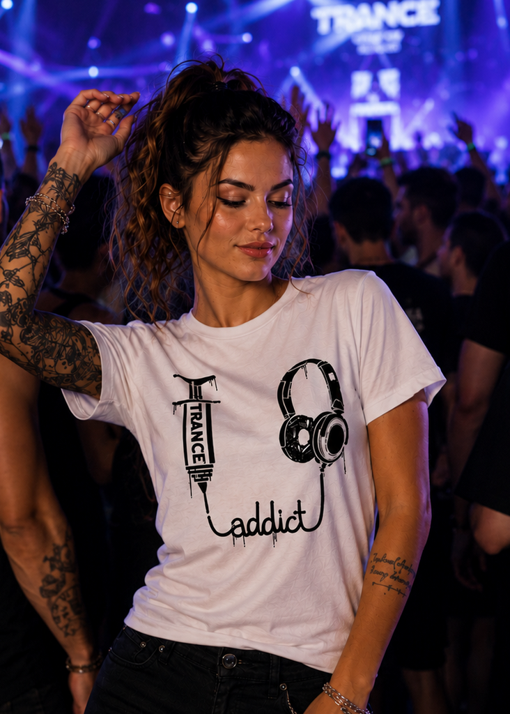 Person wearing a white t-shirt with 'Trance Addict' design at a concert.