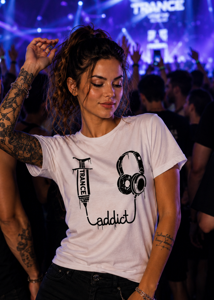 Person wearing a white t-shirt with 'Trance Addict' design at a concert.