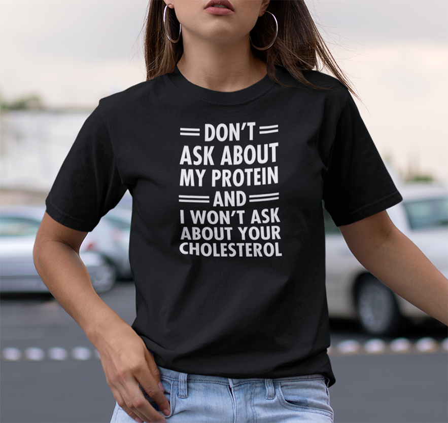 Don't ask about my protein,and I won't ask about your cholesterol,Vegan T-shirt - Urbantshirts.co.uk